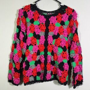 Vintage 1990s Tony Lambert Floral Crochet Cardigan 3D Rose Boho Sz M Cottagecore